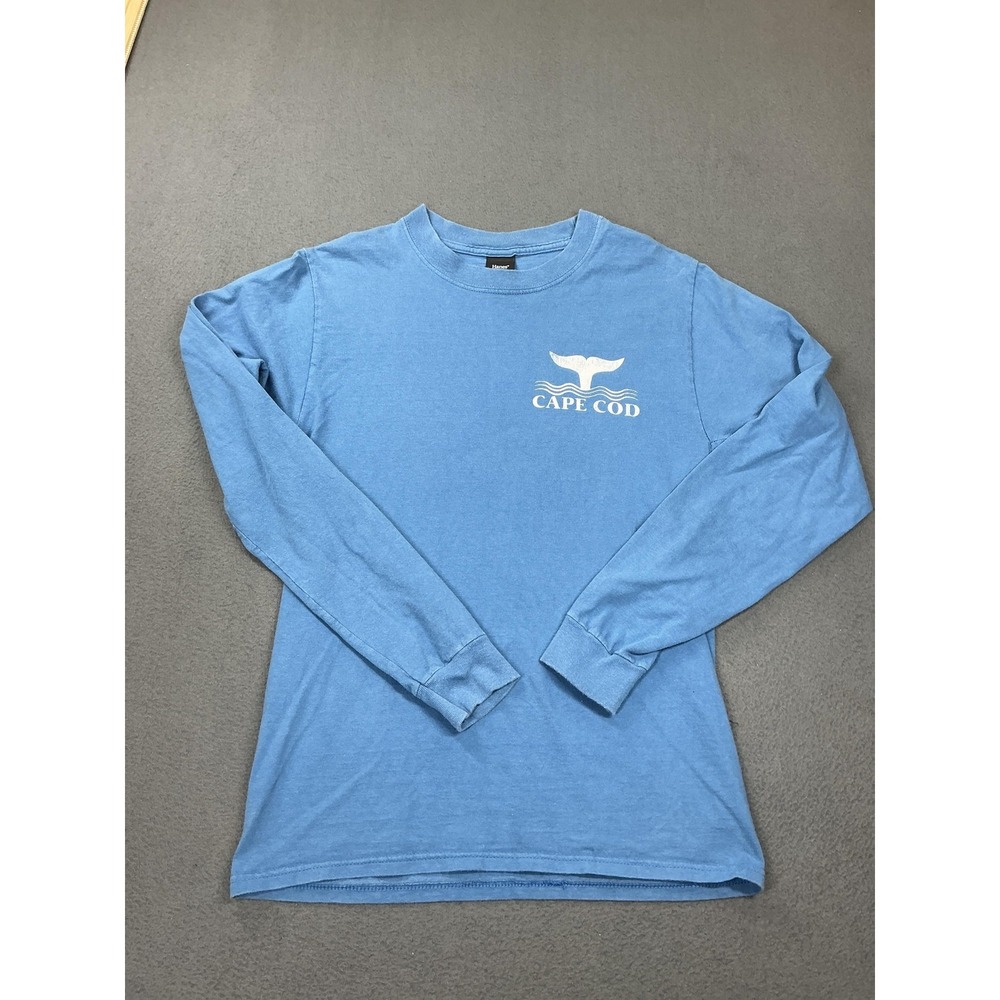 Hanes Shirt Mens Small Blue Cape Cod Whale Graphic Long Sleeve‎ Beefy-T 90s vtg